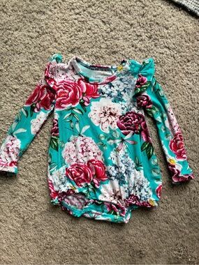 Posh Peanut Turquoise Floral Ruffle Long-Sleeve Bubble Baby Romper Bamboo